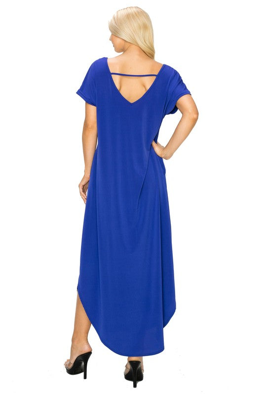 Azure Blue V-Neck Short Sleeved Slit Pocket Maxi