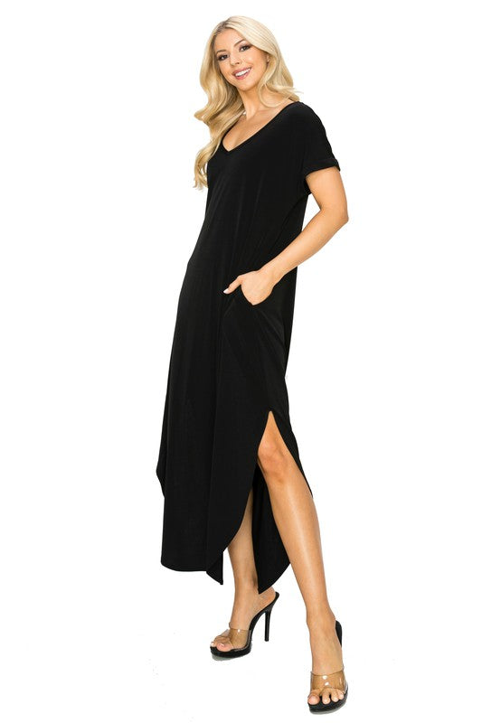 Onyx Black V-Neck Short Sleeved Slit Pocket Maxi