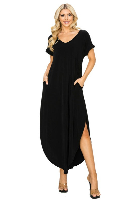 Onyx Black V-Neck Short Sleeved Slit Pocket Maxi