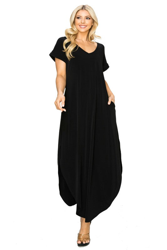 Onyx Black V-Neck Short Sleeved Slit Pocket Maxi