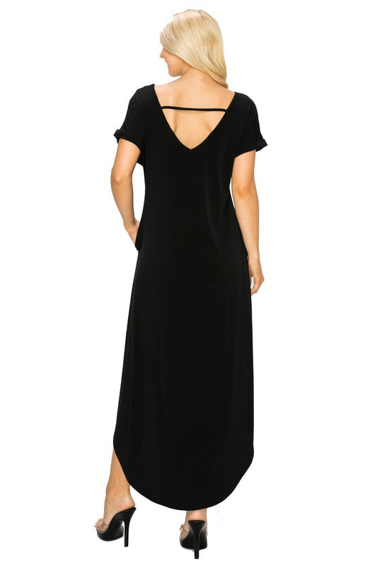 Onyx Black V-Neck Short Sleeved Slit Pocket Maxi