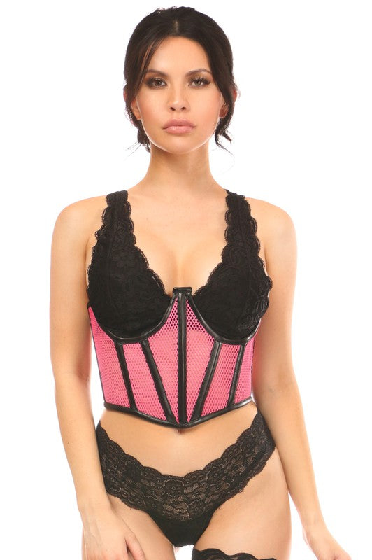 Pink Fishnet Underwire Open Cup Waist Cincher