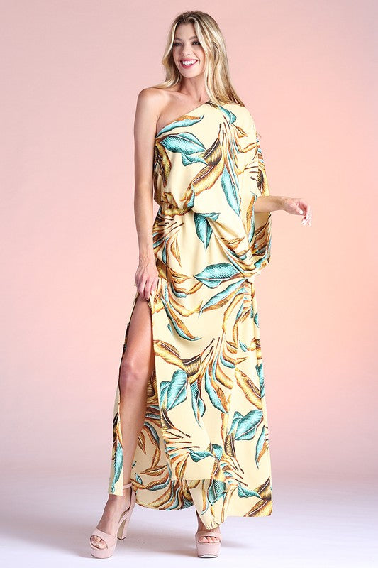 Gilded Leaf Print Slouchy One Shoulder Maxi