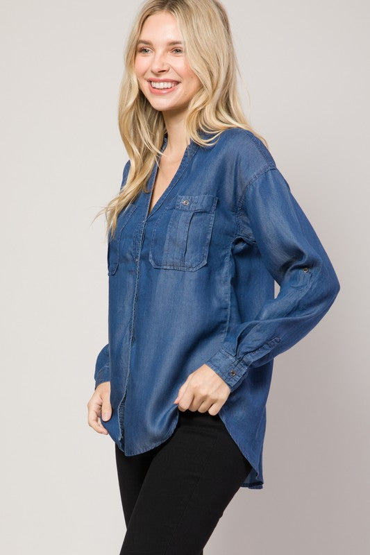 Chambray Button Down Split Neck Denim Shirt