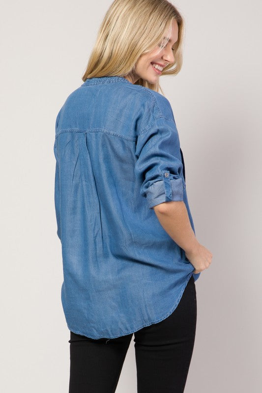 Chambray Button Down Split Neck Denim Shirt