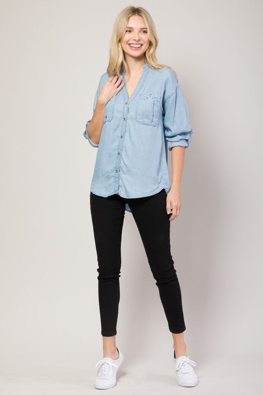 Chambray Button Down Split Neck Denim Shirt