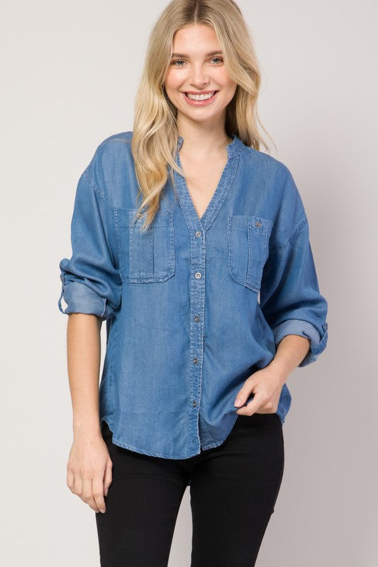 Chambray Button Down Split Neck Denim Shirt