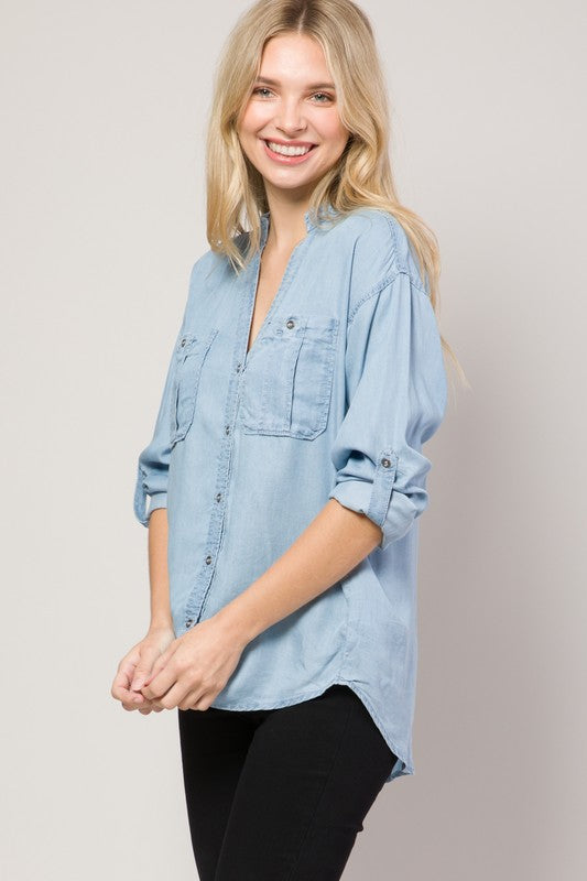 Chambray Button Down Split Neck Denim Shirt