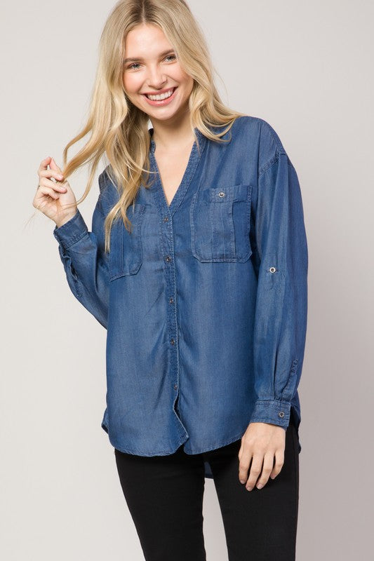 Chambray Button Down Split Neck Denim Shirt