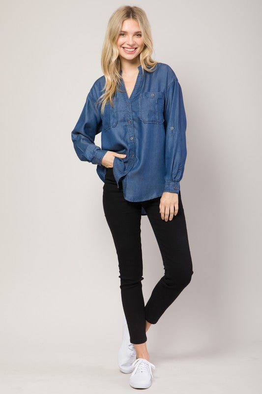 Chambray Button Down Split Neck Denim Shirt