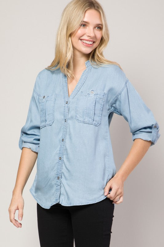 Chambray Button Down Split Neck Denim Shirt