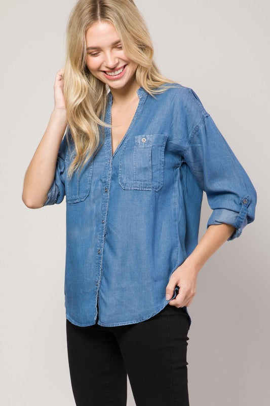 Chambray Button Down Split Neck Denim Shirt