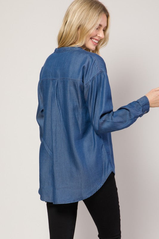 Chambray Button Down Split Neck Denim Shirt