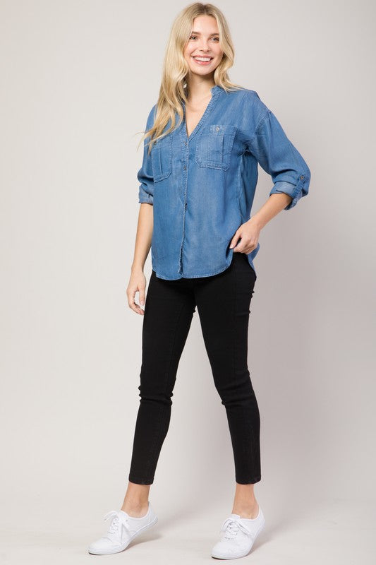 Chambray Button Down Split Neck Denim Shirt