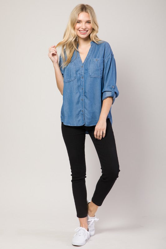 Chambray Button Down Split Neck Denim Shirt