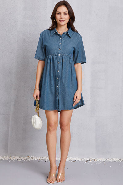 Button Up Collared Neck Tiered Denim Dress