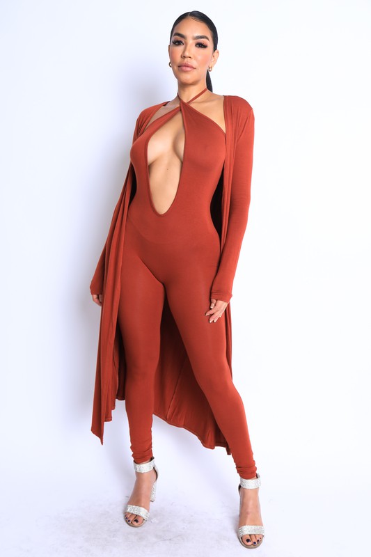 Open center halter jumpsuit with cardigan set