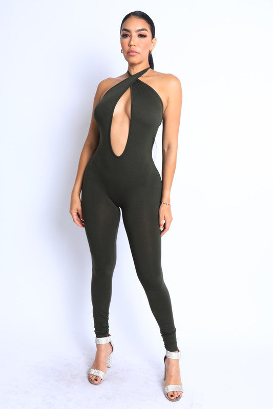 Open center halter jumpsuit with cardigan set