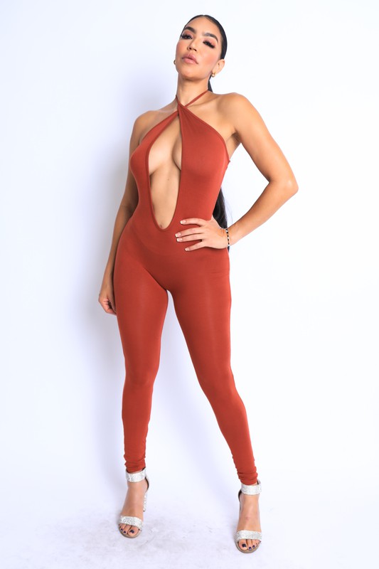 Open center halter jumpsuit with cardigan set