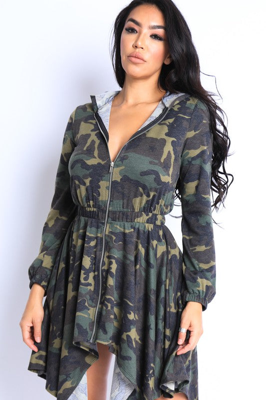 Camouflage Shark Bite Ruffle Hoodie Dress