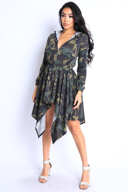 Camouflage Shark Bite Ruffle Hoodie Dress