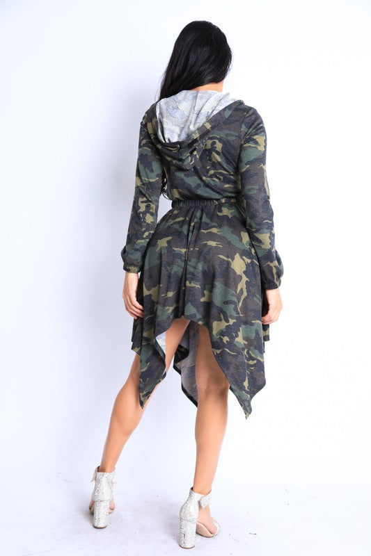 Camouflage Shark Bite Ruffle Hoodie Dress