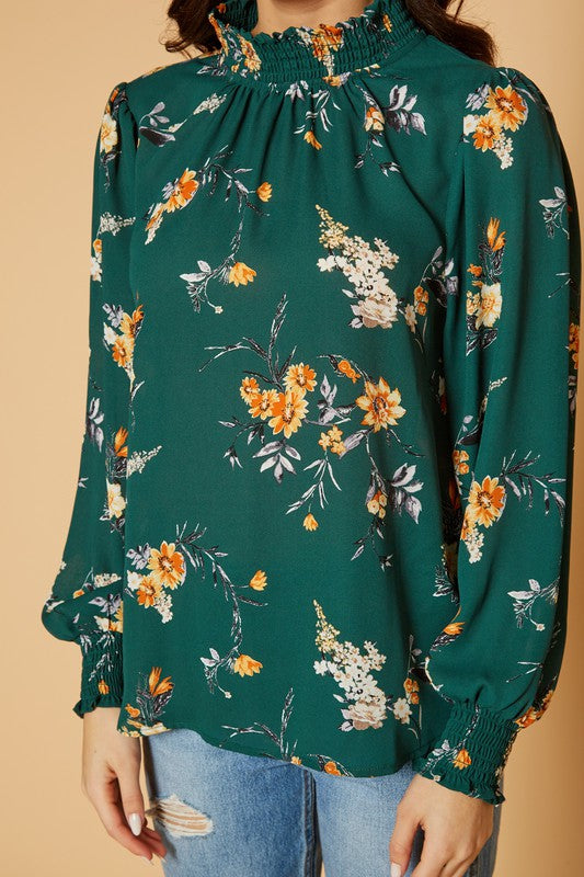 PLEIONE FLORAL SMOCKED NECK TOP