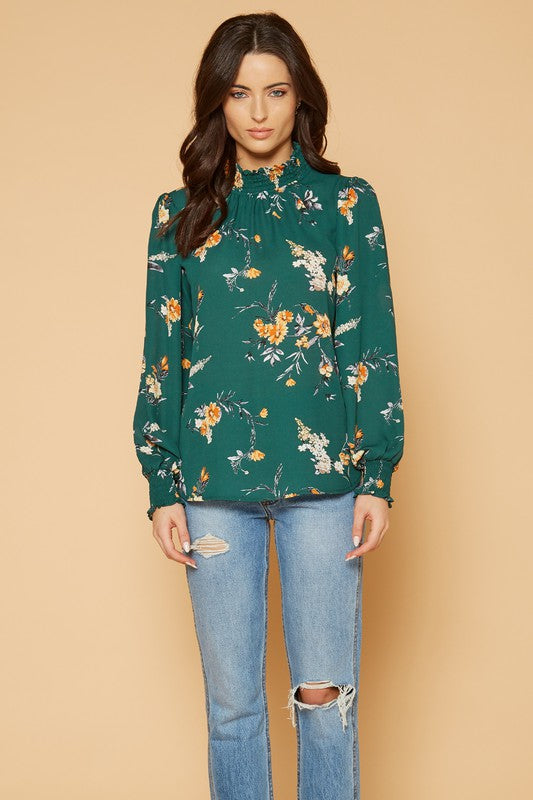 PLEIONE FLORAL SMOCKED NECK TOP