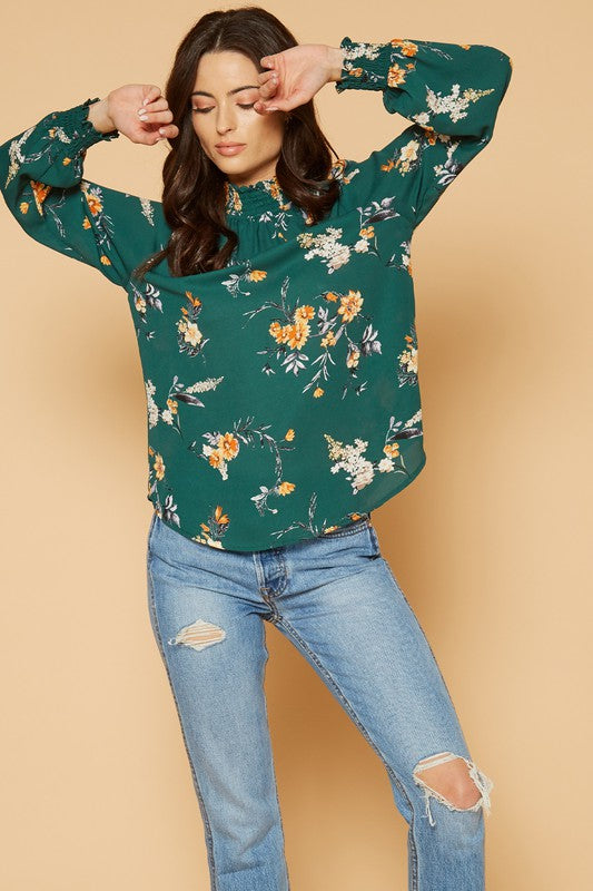 PLEIONE FLORAL SMOCKED NECK TOP