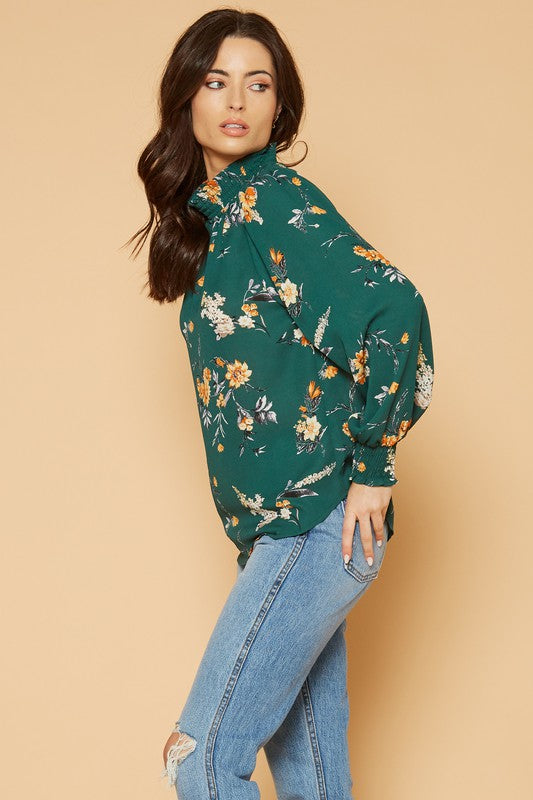 PLEIONE FLORAL SMOCKED NECK TOP