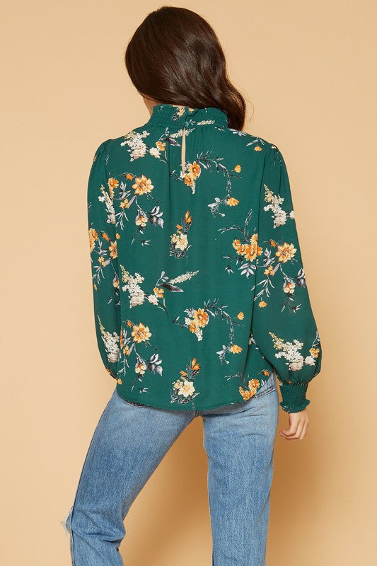PLEIONE FLORAL SMOCKED NECK TOP