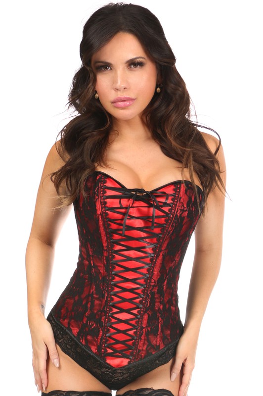 Red Lace Up Overbust Corset w/Black Lace