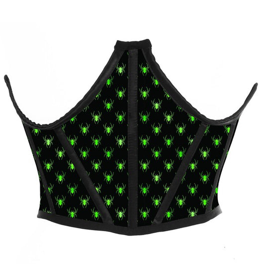 Black & Green Spiders Satin Open Cup Waist Cincher