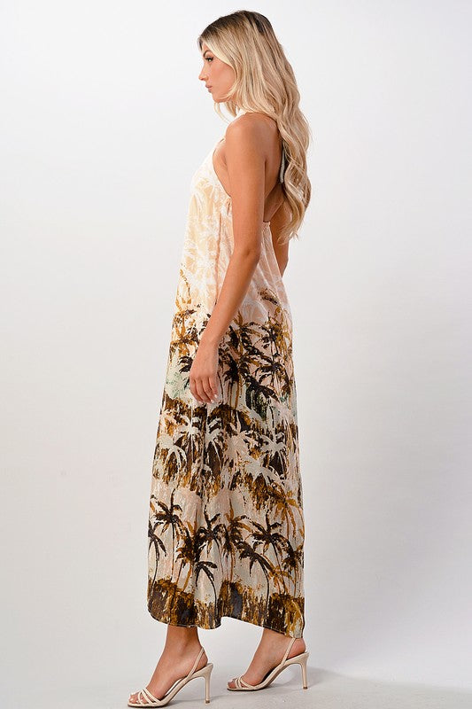 100 Silk Halter maxi dress with palm tree printed