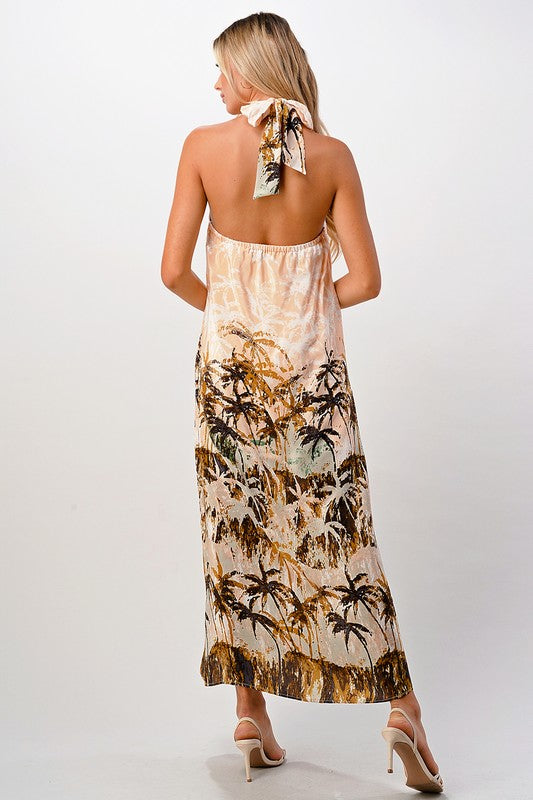 100 Silk Halter maxi dress with palm tree printed