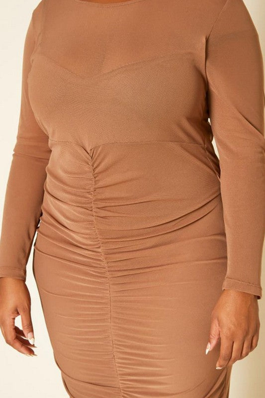 Plus Size Ruched Mesh Bodycon Midi Dress