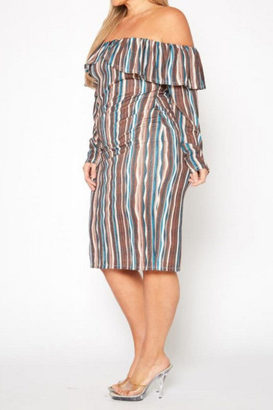 Plus Size Multi Striped Off Shoulder Dress