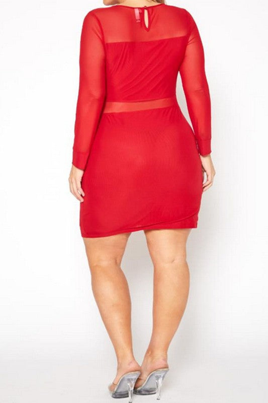 Plus Size Mesh Contrast Long Sleeve Mini Dress