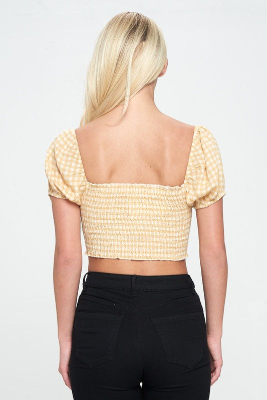 Cap sleeves smock crop top in gingham