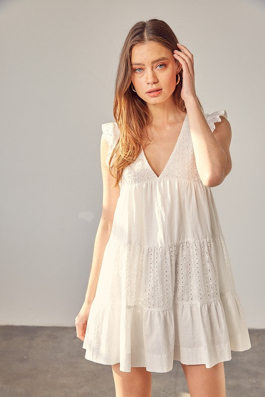 V NECK EYELET DRESS