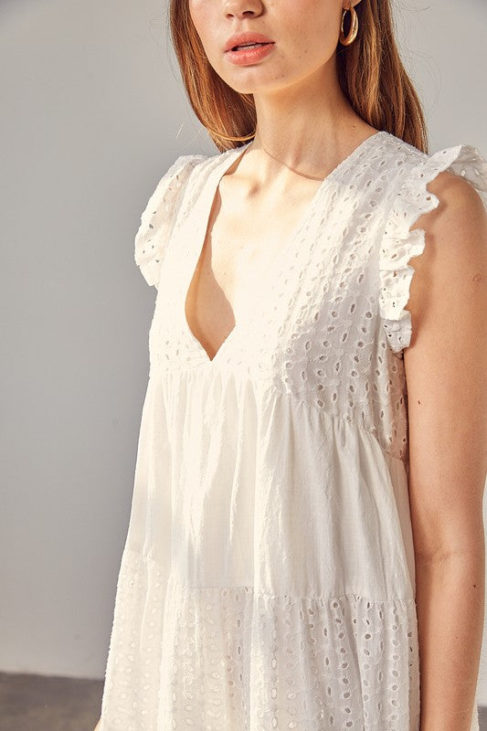 V NECK EYELET DRESS