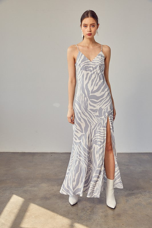 FRONT SLIT ZEBRA SLIP MAXI DRESS