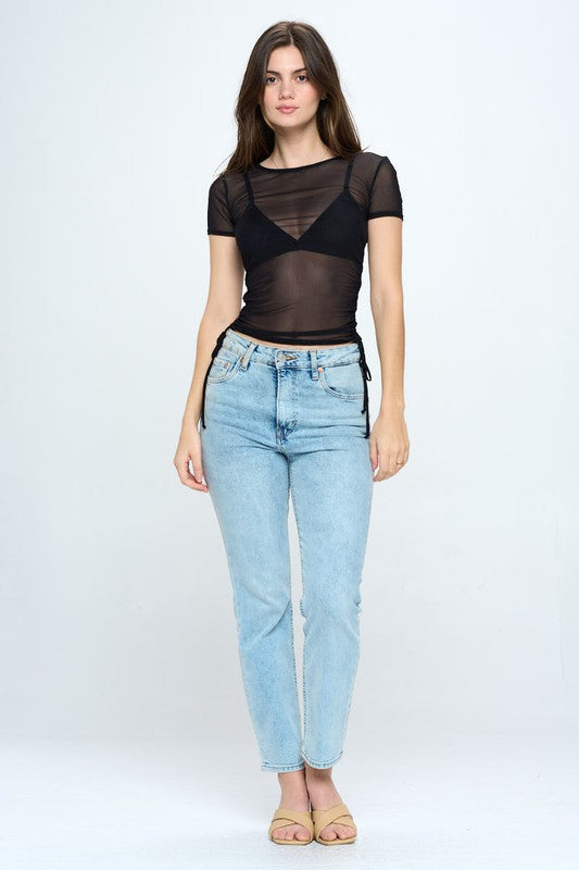 Mesh top with side drawstrings short sleeve top