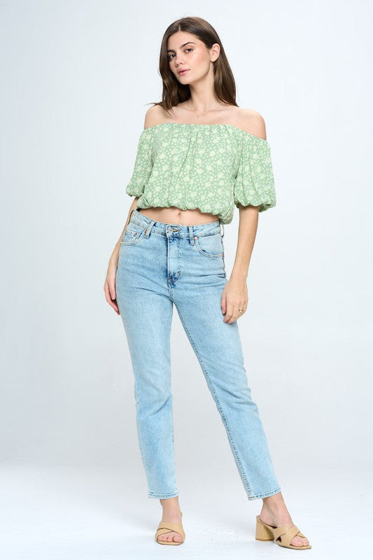 Off shoulder short bubble sleeves blouse top