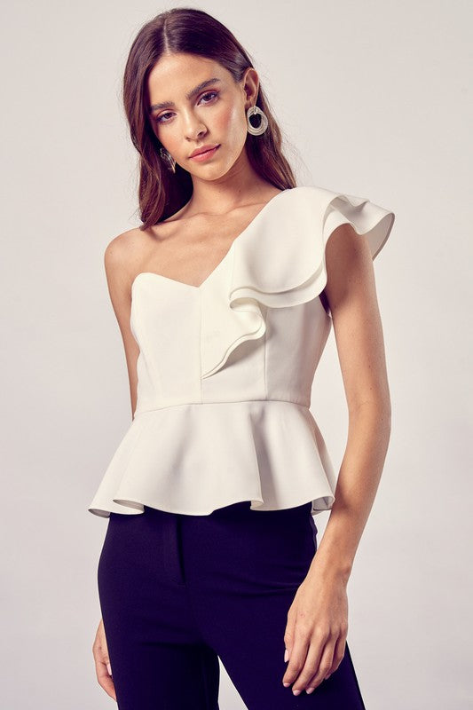 ONE SHOULDER RUFFLE PEPLUM TOP