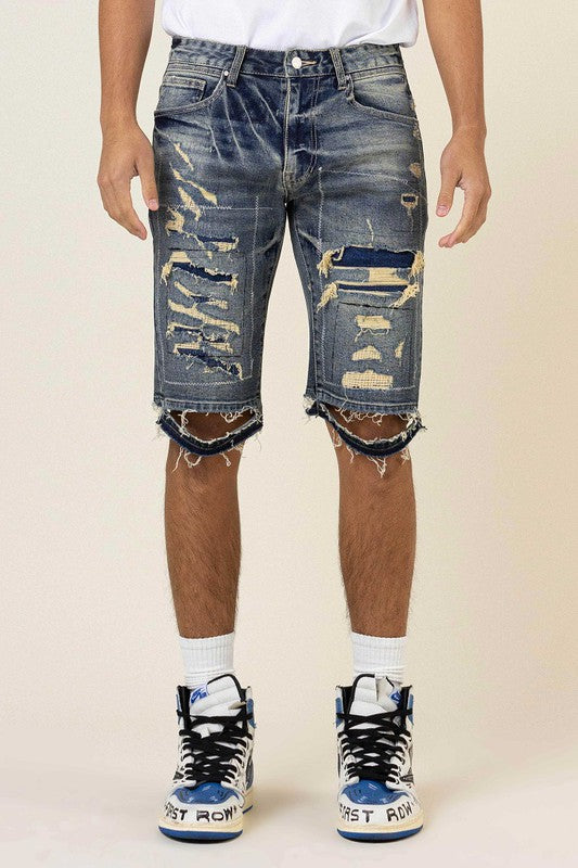 BORO STITCH HEAVY RIP&REPAIR DENIM SHORTS