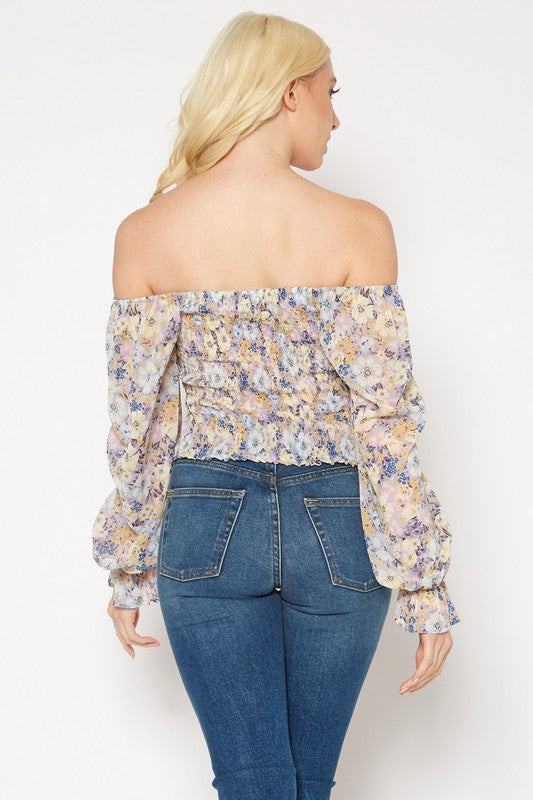 PLEIONE FLORAL WIDE RUCHED TOP