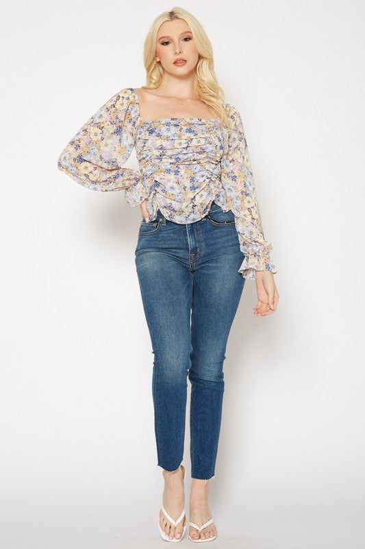 PLEIONE FLORAL WIDE RUCHED TOP