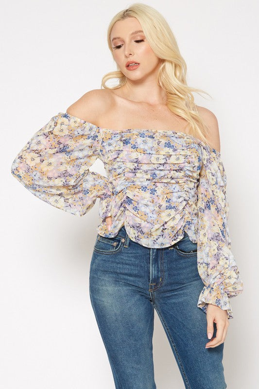 PLEIONE FLORAL WIDE RUCHED TOP