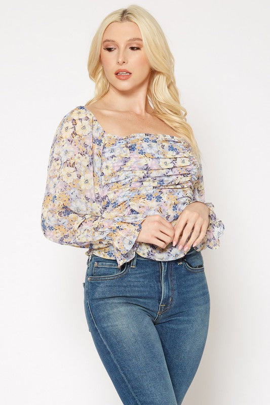 PLEIONE FLORAL WIDE RUCHED TOP